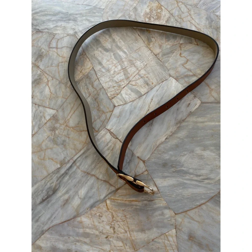 Steve Madden Cognac Brown Faux Leather Belt Gold Oval Buckle Slim Classic 40in